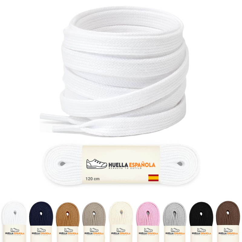 (Pack) 2 PARES Cordones Planos 120cm X 7.5mm 4 a 7 Ojales para Zapatillas + 9 Colores Resistentes Hechos en España